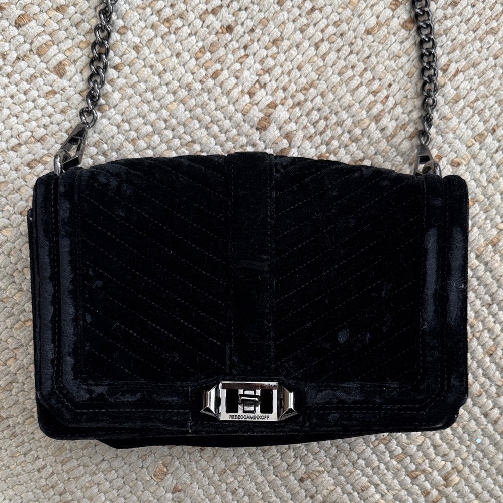 Rebecca Minkoff Black Velvet Quilted Crossbody Bag with Gunmetal Chain